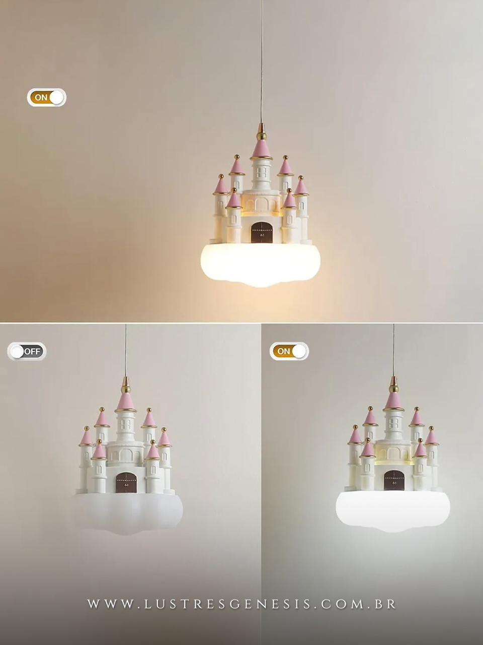 Lustre Pendente Castelo Princesa Rosa Branco Iluminacao LED Decorativa para Quarto Infantil Quarto de Menina Cabeceira Cama